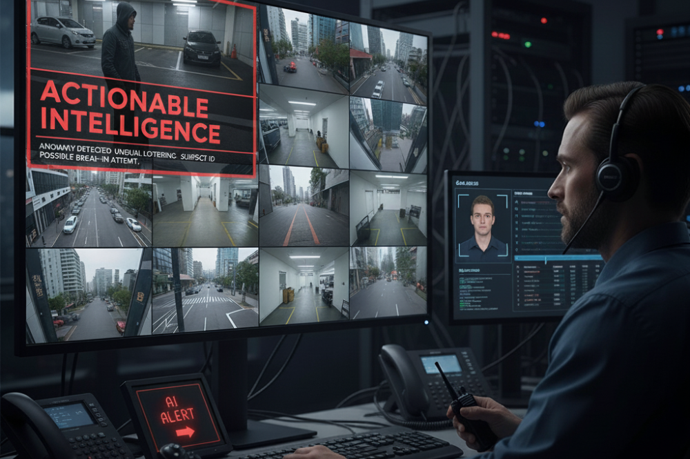 Ai Actionable Intelligence Video Surveillance AI-Powered Video Surveillance Operator Monitoring Multiple Camera Feeds for Actionable Intelligence