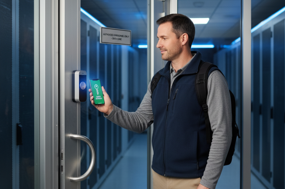 Employee using mobile credential for commercial access control at data center door