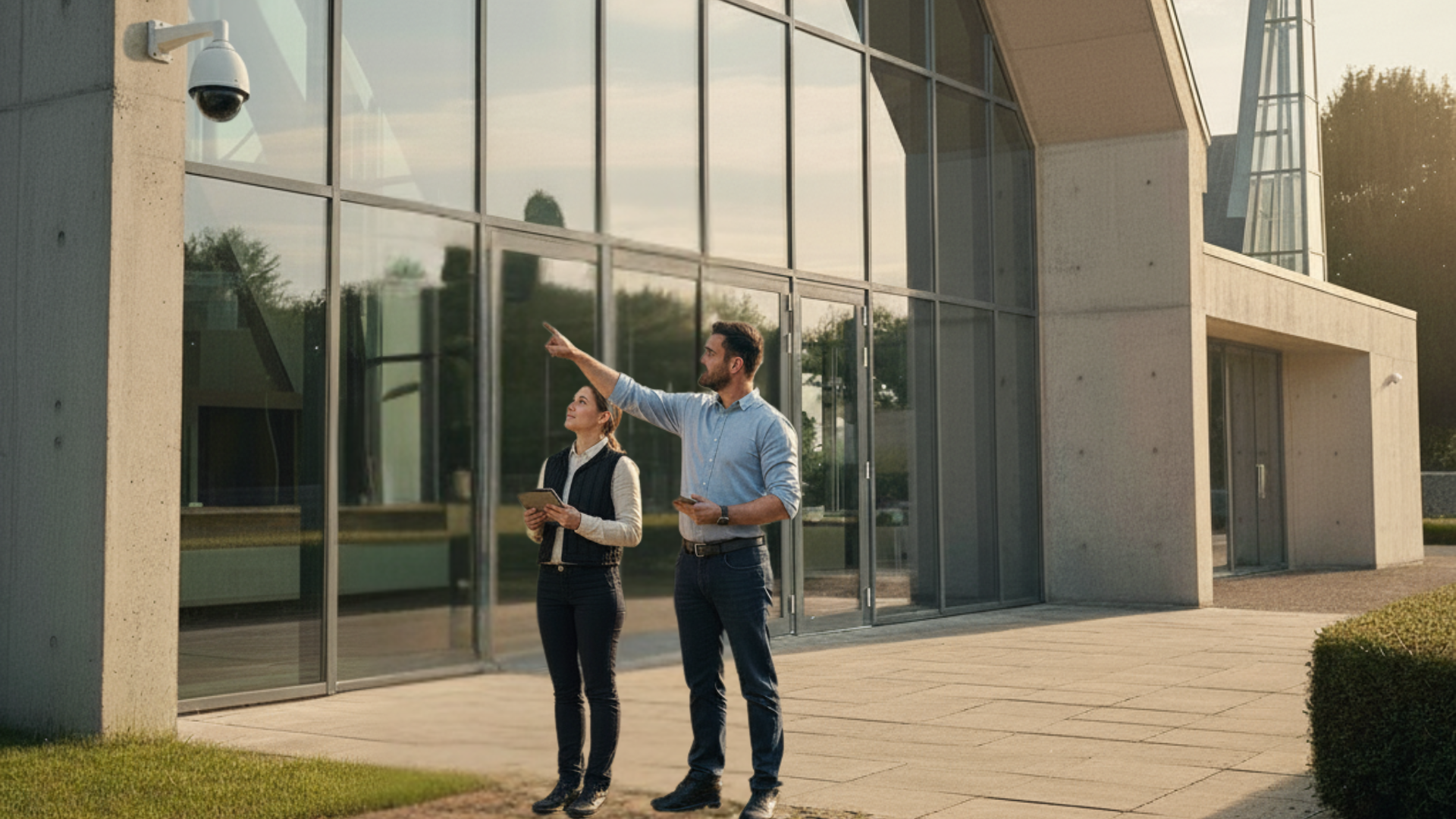 Security professionals planning a church security upgrade, standing outside a modern church with glass walls and exterior surveillance cameras.