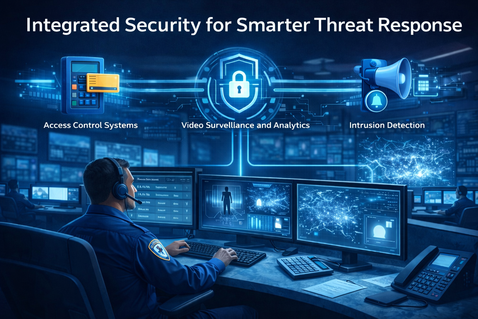 Integrated security system showing intrusion detection connected with access control, video surveillance, and mass notification