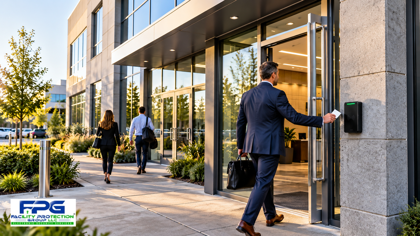 Commercial access control installation at a modern business entrance with an employee using an electronic card reader.
