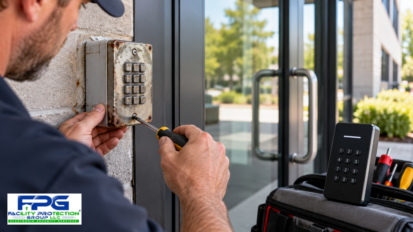 Access control system upgrade showing a technician replacing an aging, rusted commercial door keypad with a modern electronic reader.