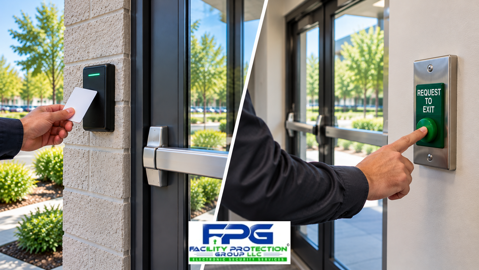 Commercial access control card reader mounted outside an entrance and an interior request-to-exit button demonstrating secure entry and emergency egress. Copy Alt Text