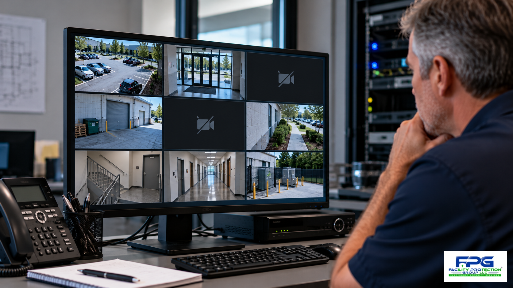 FPG-B09_Featured_Image_Official_FPG_Logo Security camera footage retention concerns illustrated by a facility manager reviewing a surveillance monitor with several unavailable camera feeds.