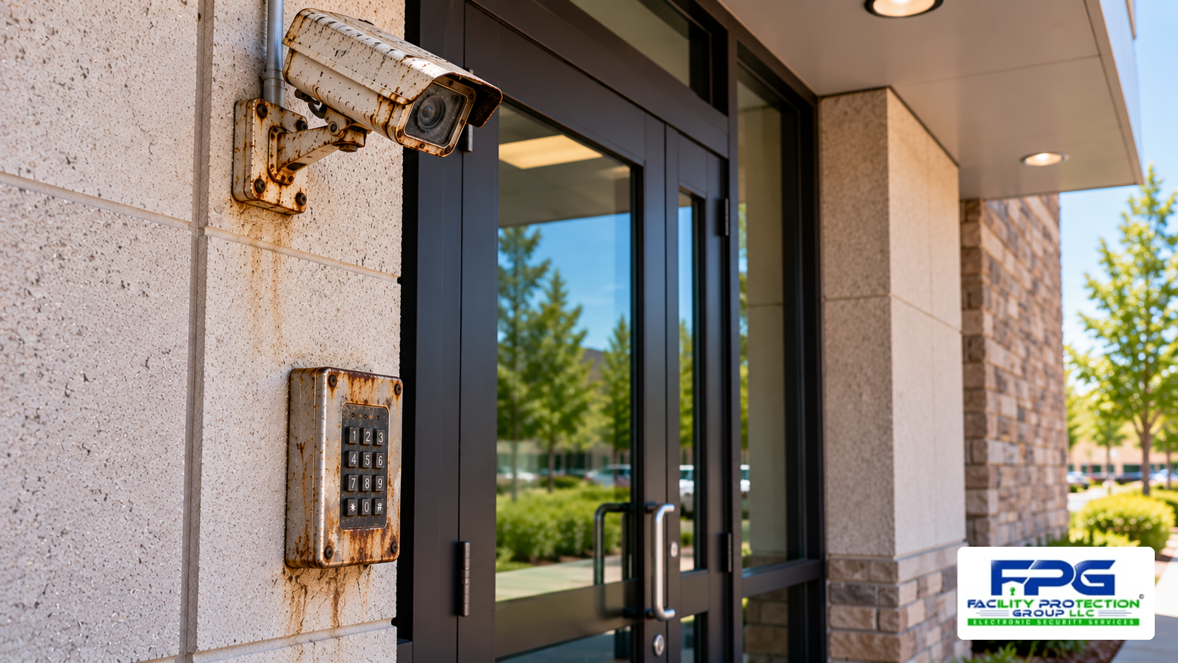 FPG-B10_Featured_Image_Official_FPG_Logo Aging surveillance camera above a rusted entry keypad at a business entrance, illustrating the need for a commercial security camera upgrade.