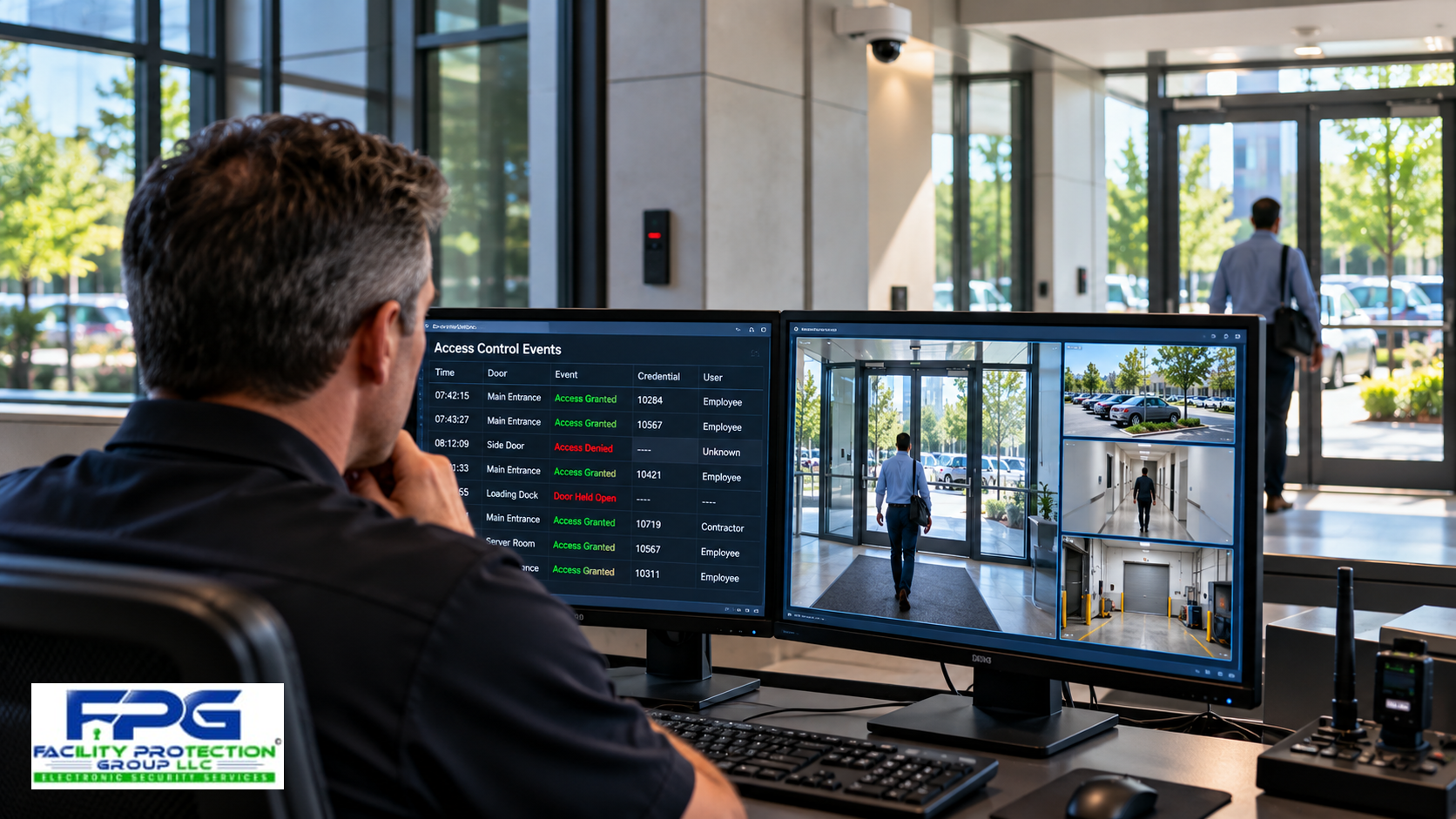 FPG-B11_Featured_Image_Official_FPG_Logo Access control & video surveillance at a commercial facility, showing a security operator reviewing door access events and live camera footage.